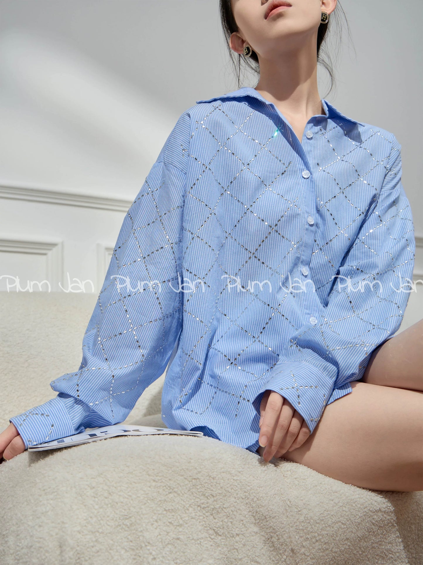 Plum Jan/Age-reducing matching complete set of women's fashionable temperament, casual and high-end blue shirt and shorts suit