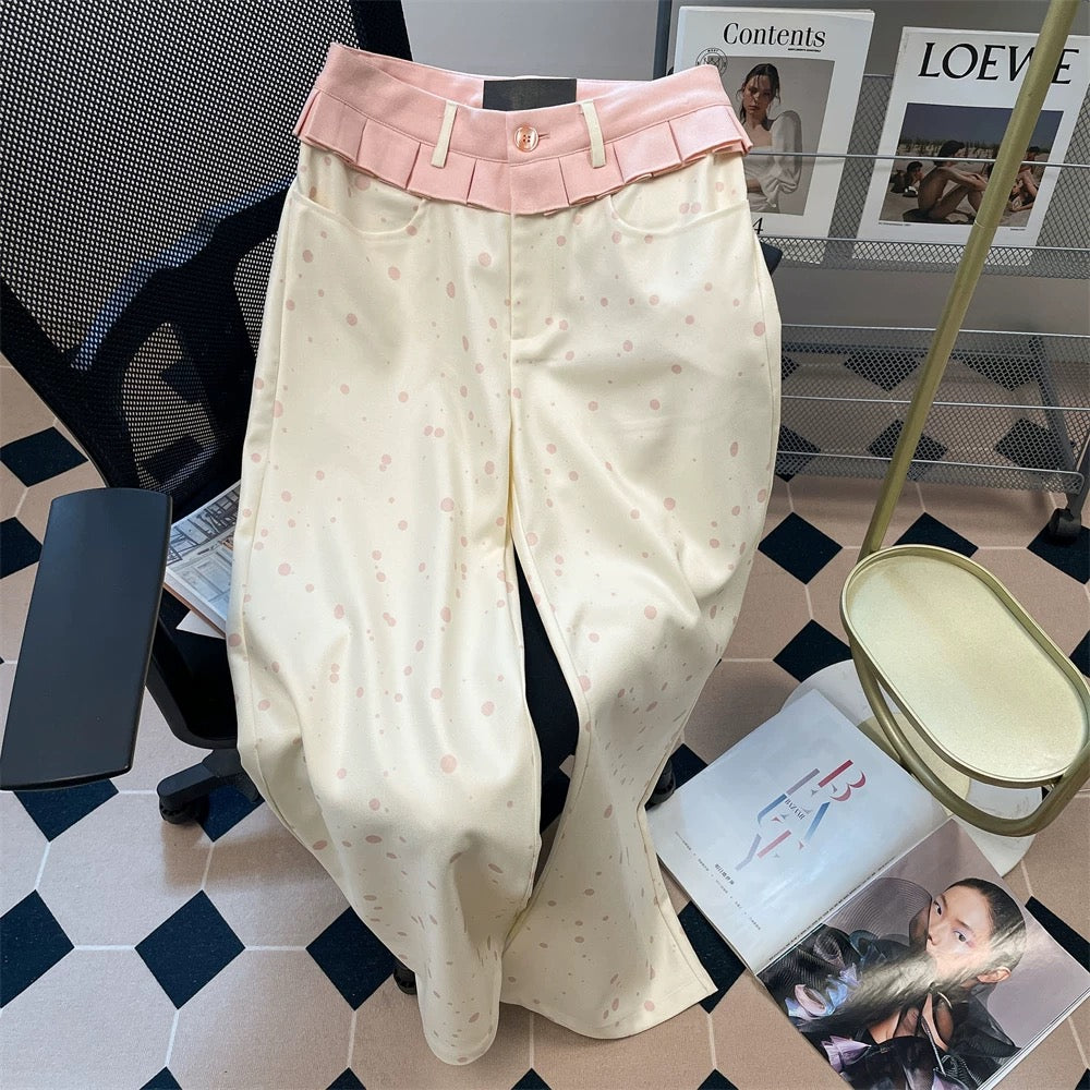 Korean style sweet polka dot color-blocked skirt with high-waisted straight leg pants, unisex autumn trendy casual trousers