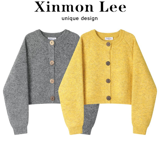 XinmonLee Korean version of lazy round neck short sweater cardigan 2025 winter design button niche jacket