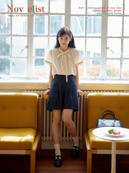 Nov elist tithe yellow shirt for women summer new style French round neck bow raglan sleeve shirt top
