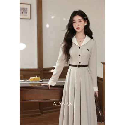 "Deer Facing South [Searching for Autumn with Deer] French-style Commuter Faux Two-Piece Color-Blocked Mid-Length Dress for Women"