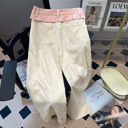 Korean style sweet polka dot color-blocked skirt with high-waisted straight leg pants, unisex autumn trendy casual trousers