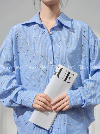 Plum Jan/Age-reducing matching complete set of women's fashionable temperament, casual and high-end blue shirt and shorts suit