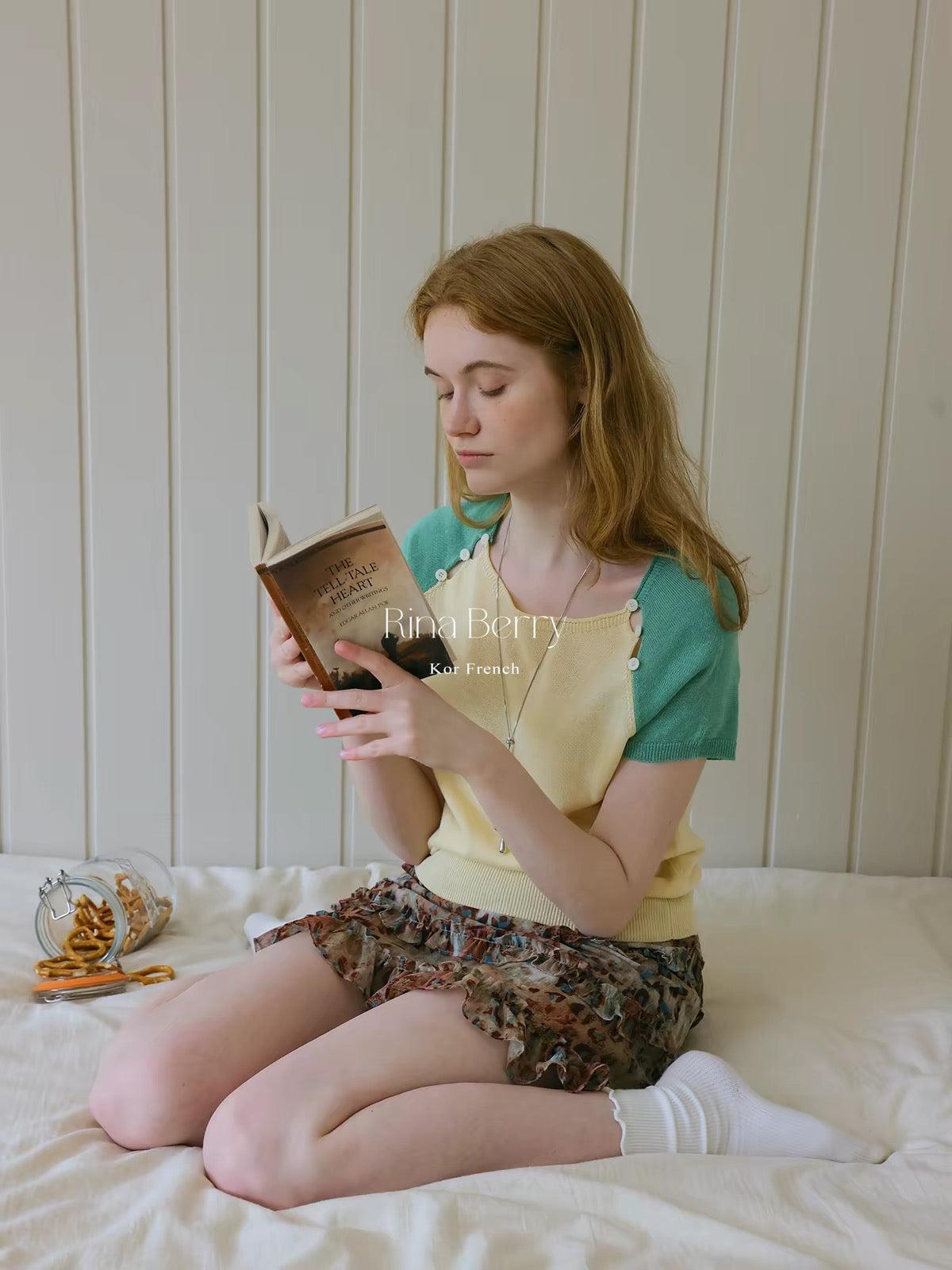 Rina Berry Lyocell-Linen Colorblock Short-Sleeve Knit Sweater – Breathable, Openwork, Button-Detail Design for Autumn