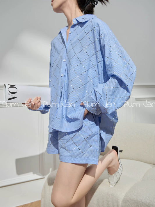 Plum Jan/Age-reducing matching complete set of women's fashionable temperament, casual and high-end blue shirt and shorts suit