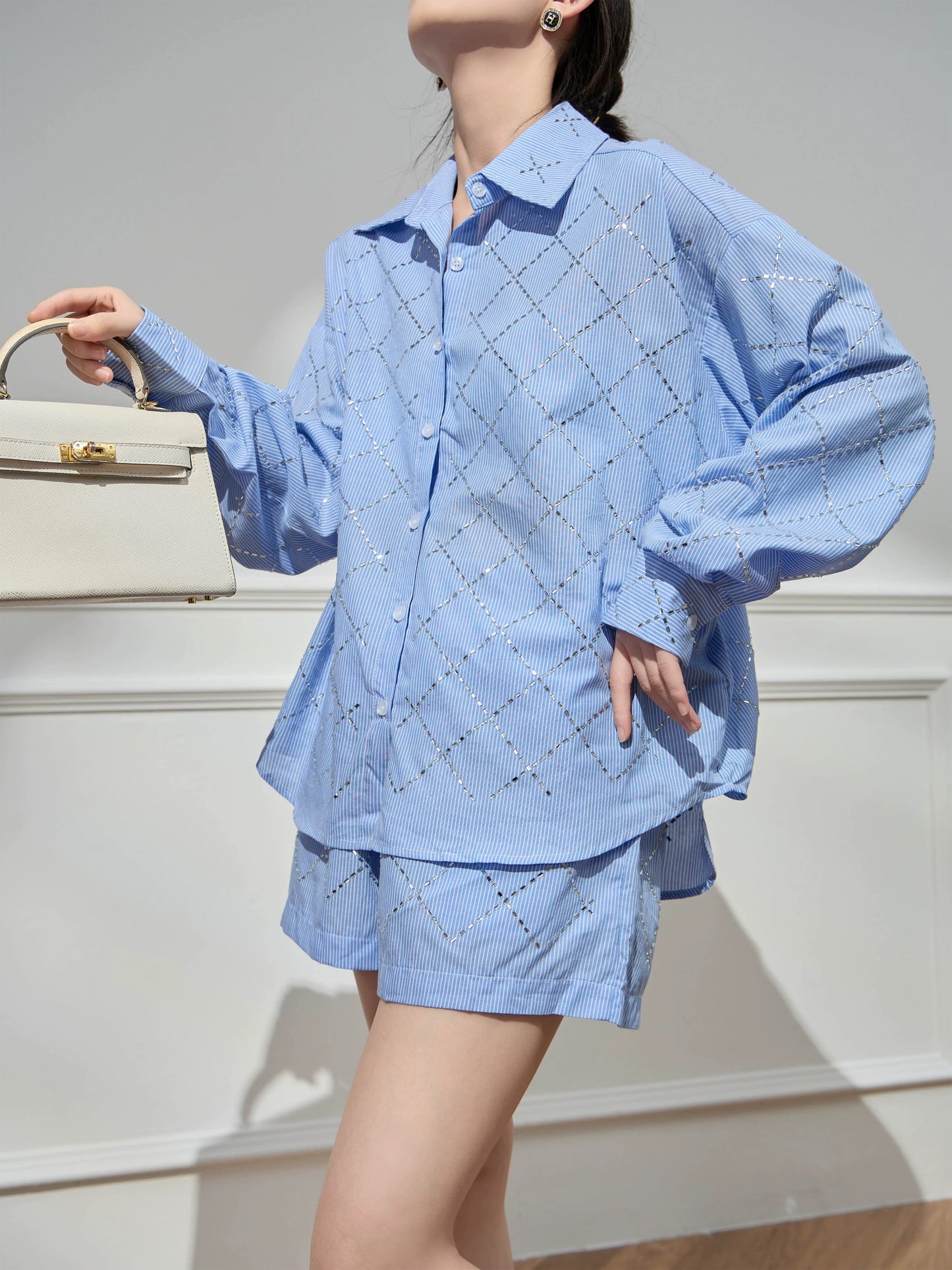 Plum Jan/Age-reducing matching complete set of women's fashionable temperament, casual and high-end blue shirt and shorts suit