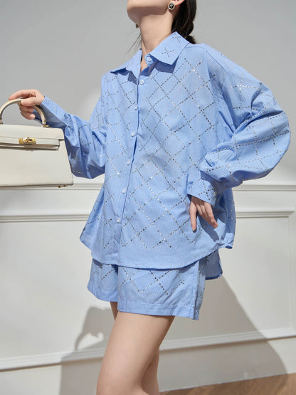 Plum Jan/Age-reducing matching complete set of women's fashionable temperament, casual and high-end blue shirt and shorts suit