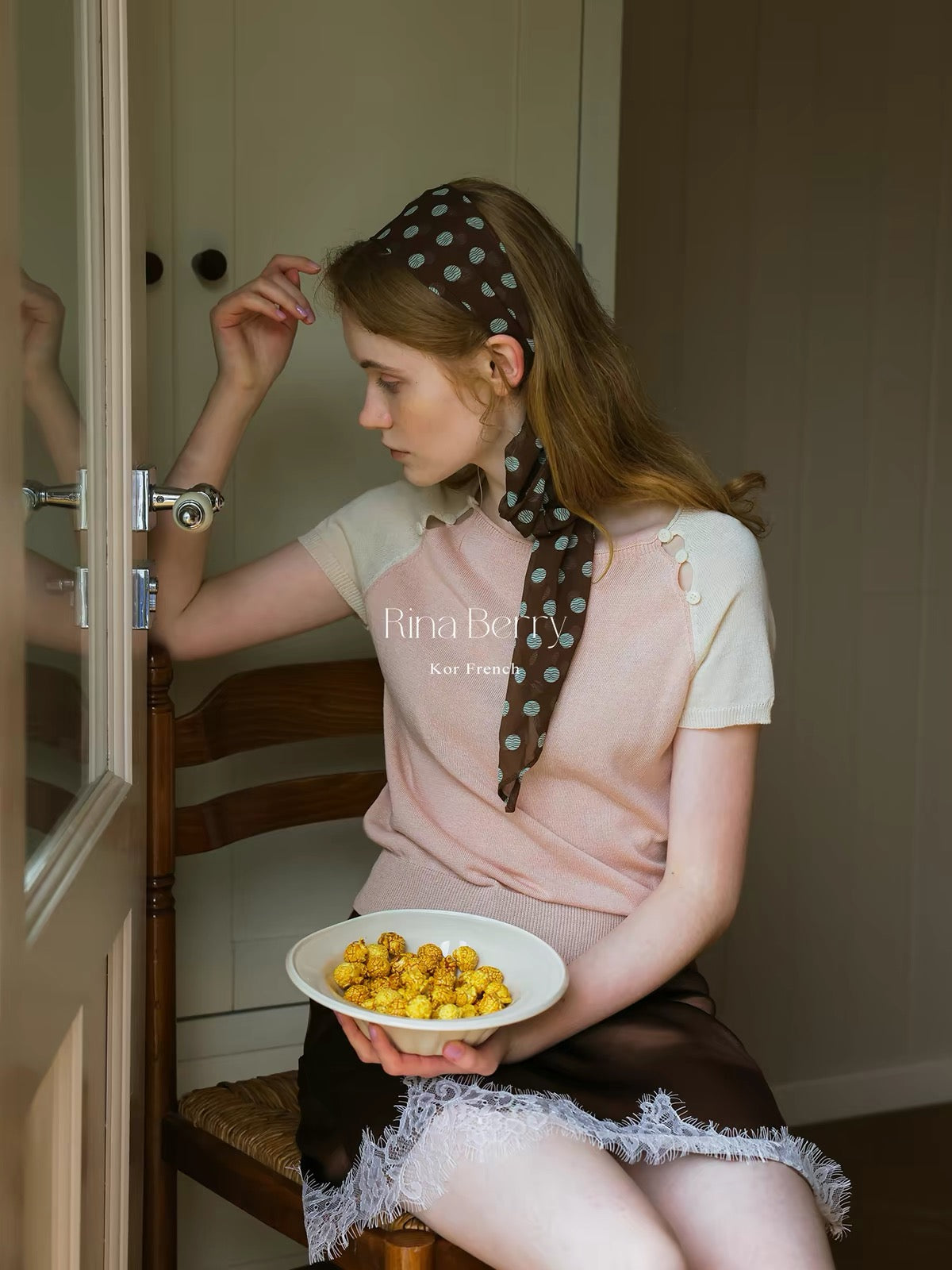 Rina Berry Lyocell-Linen Colorblock Short-Sleeve Knit Sweater – Breathable, Openwork, Button-Detail Design for Autumn