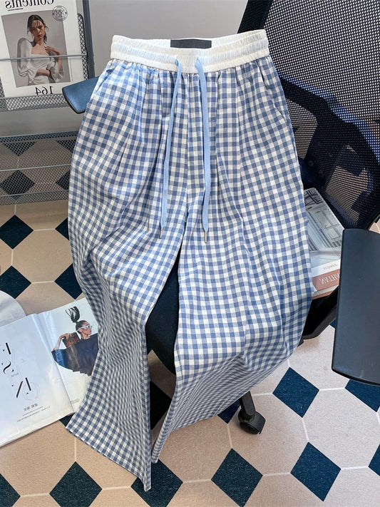 Retro, relaxed, color-blocked plaid straight-leg casual pants for men and women, summer style, thin, slimming, high-waisted, wide-leg, floor-length.