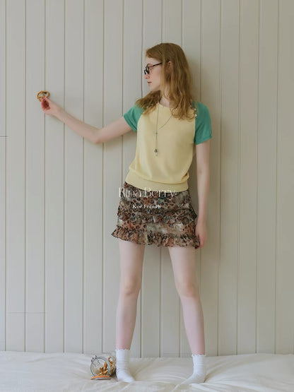 Rina Berry Lyocell-Linen Colorblock Short-Sleeve Knit Sweater – Breathable, Openwork, Button-Detail Design for Autumn