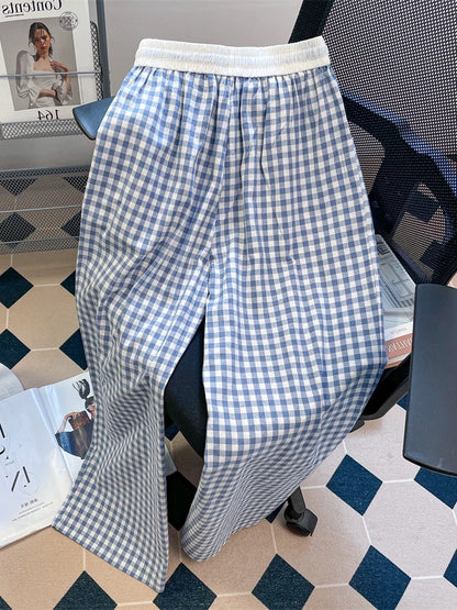 Retro, relaxed, color-blocked plaid straight-leg casual pants for men and women, summer style, thin, slimming, high-waisted, wide-leg, floor-length.