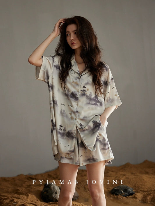 Qiaoweini pajamas for women summer ice silk short-sleeved shorts with chest pad all-in-one national style thin cool-feeling ink painting set