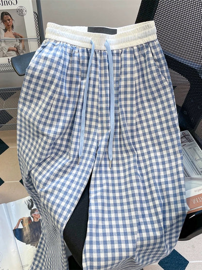 Retro, relaxed, color-blocked plaid straight-leg casual pants for men and women, summer style, thin, slimming, high-waisted, wide-leg, floor-length.