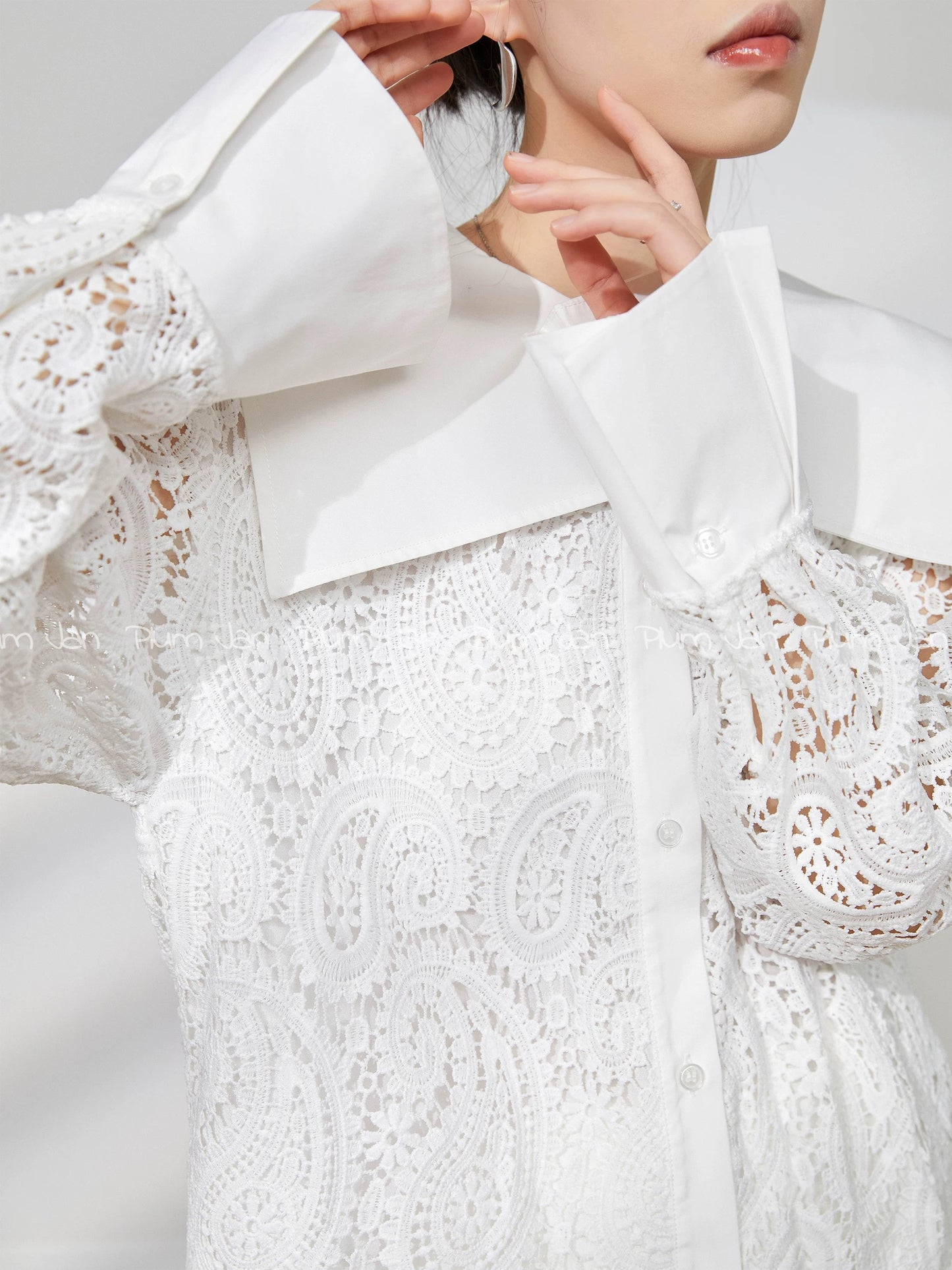 Plum Jan/Niche design white lace hollow shirt women's 2024 spring new chic and beautiful top