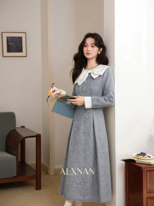 Deer Facing South [Jenny's Journey] Autumn/Winter Gray Thick Slimming French Korean Style Wool Dress for Women