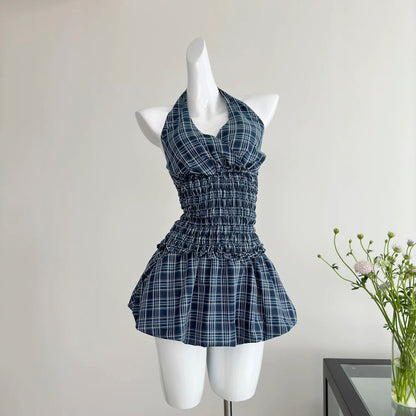Youni navy blue plaid top suit female summer internet celebrity street style American sweet hot girl skirt two-piece suit