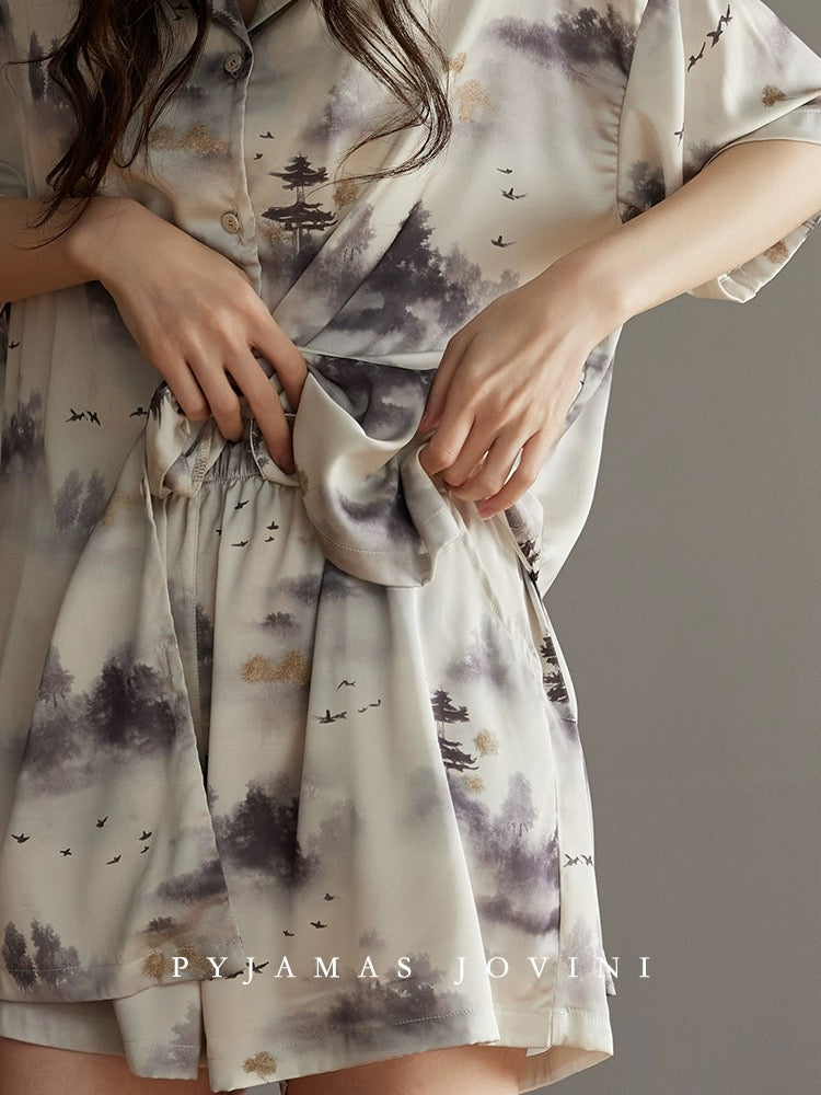 Qiaoweini pajamas for women summer ice silk short-sleeved shorts with chest pad all-in-one national style thin cool-feeling ink painting set