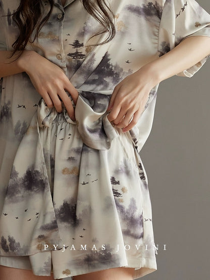 Qiaoweini pajamas for women summer ice silk short-sleeved shorts with chest pad all-in-one national style thin cool-feeling ink painting set