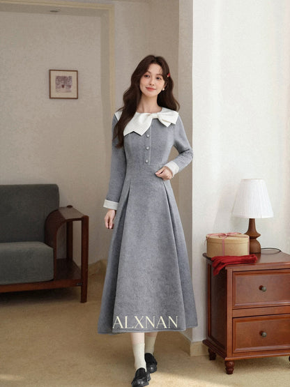 Deer Facing South [Jenny's Journey] Autumn/Winter Gray Thick Slimming French Korean Style Wool Dress for Women