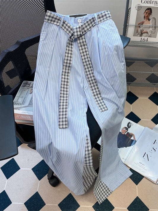 Retro American striped patchwork straight leg casual pants for men and women, summer relaxed and comfortable high-waisted wide-leg floor-length trousers