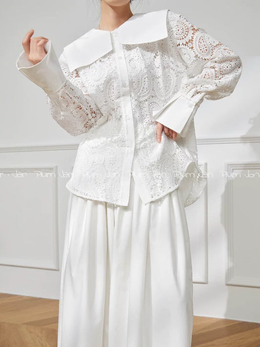 Plum Jan/Niche design white lace hollow shirt women's 2024 spring new chic and beautiful top
