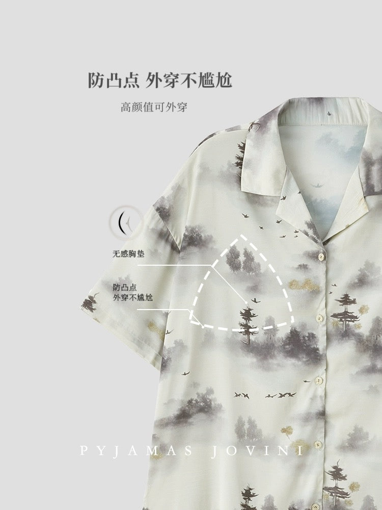 Qiaoweini pajamas for women summer ice silk short-sleeved shorts with chest pad all-in-one national style thin cool-feeling ink painting set