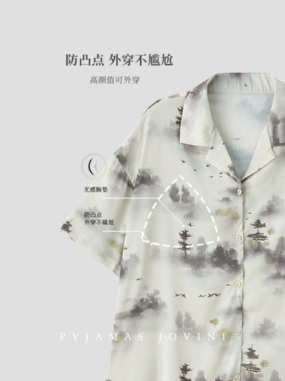 Qiaoweini pajamas for women summer ice silk short-sleeved shorts with chest pad all-in-one national style thin cool-feeling ink painting set