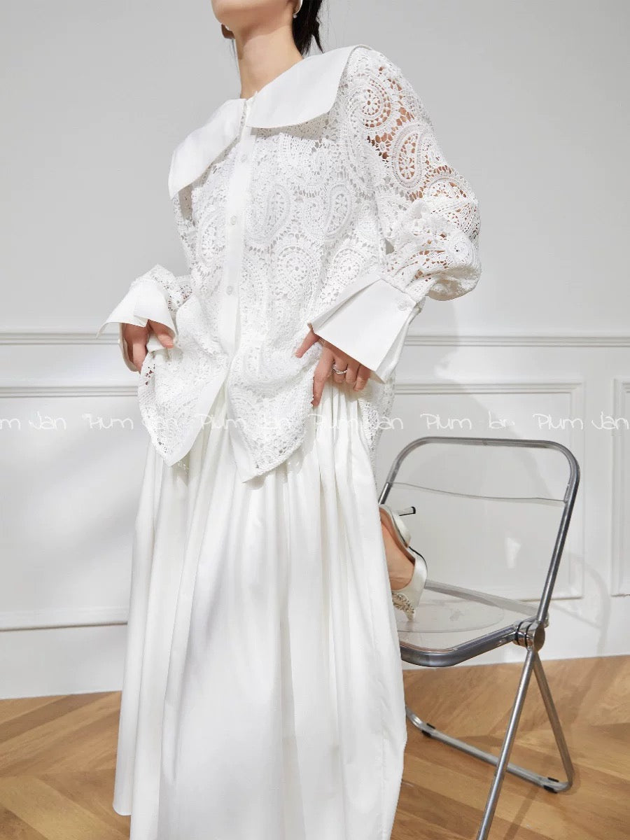 Plum Jan/Niche design white lace hollow shirt women's 2024 spring new chic and beautiful top