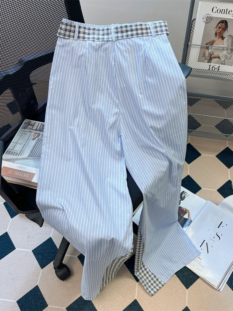 Retro American striped patchwork straight leg casual pants for men and women, summer relaxed and comfortable high-waisted wide-leg floor-length trousers