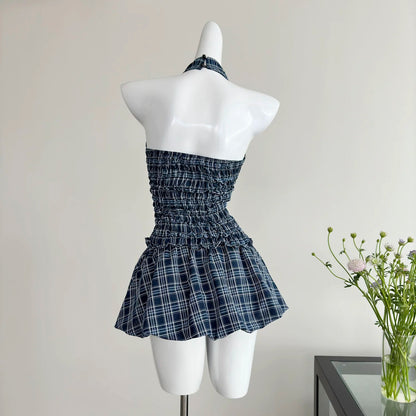 Youni navy blue plaid top suit female summer internet celebrity street style American sweet hot girl skirt two-piece suit