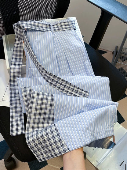 Retro American striped patchwork straight leg casual pants for men and women, summer relaxed and comfortable high-waisted wide-leg floor-length trousers