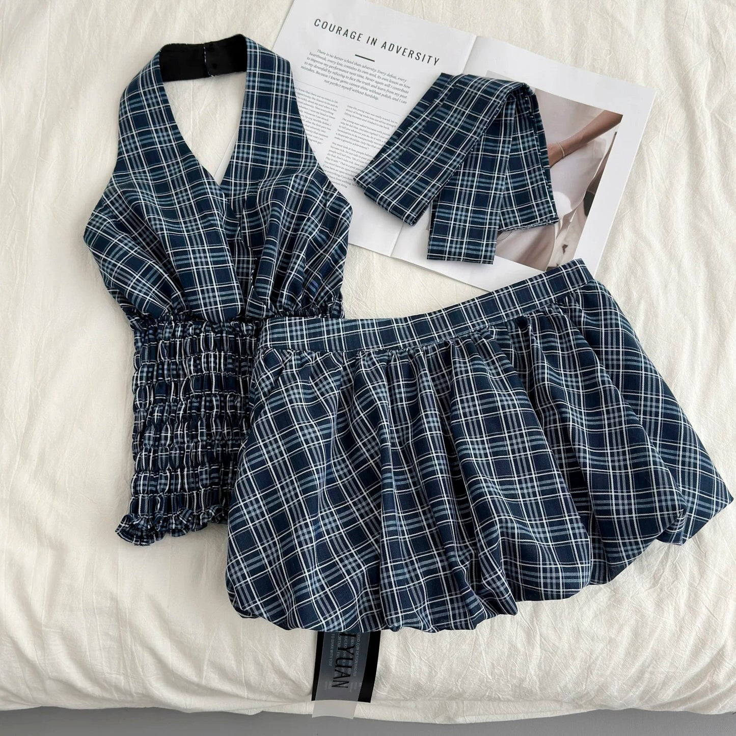 Youni navy blue plaid top suit female summer internet celebrity street style American sweet hot girl skirt two-piece suit