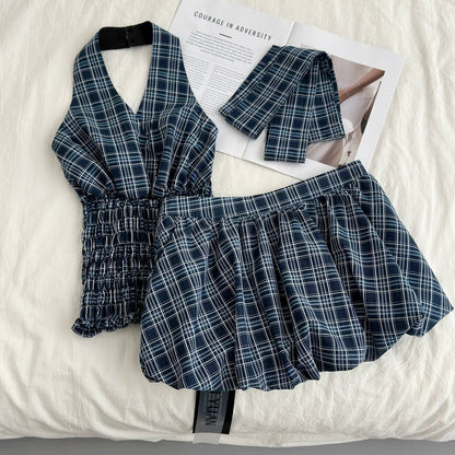 Youni navy blue plaid top suit female summer internet celebrity street style American sweet hot girl skirt two-piece suit