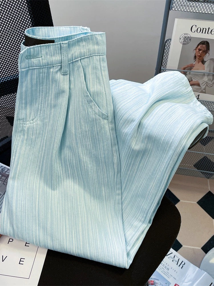 American boyfriend style relaxed blue striped wide-leg pants, unisex, summer loose texture casual high-waisted drape trousers