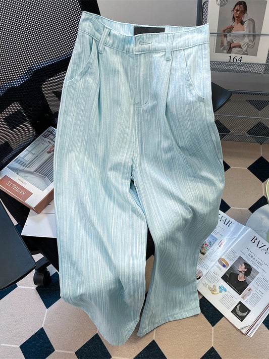 American boyfriend style relaxed blue striped wide-leg pants, unisex, summer loose texture casual high-waisted drape trousers