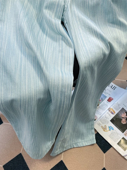 American boyfriend style relaxed blue striped wide-leg pants, unisex, summer loose texture casual high-waisted drape trousers