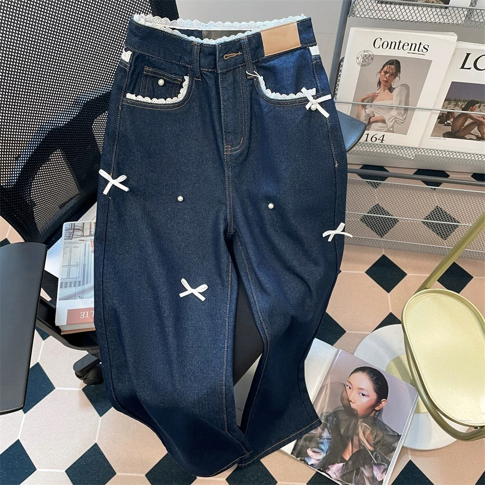Dark blue Korean style sweet lace trim bow jeans, unisex retro straight wide-leg floor-length trousers