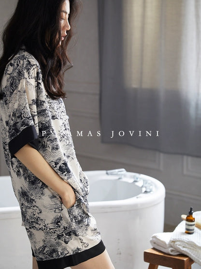 Qiaoweini pajamas for women summer ice silk short-sleeved shorts thin cool-feeling ink painting lapels 2024 new high-end sense