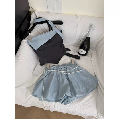 Youni homemade irregular color matching halter neck tube top vest 2025 new sexy hot girl short suit