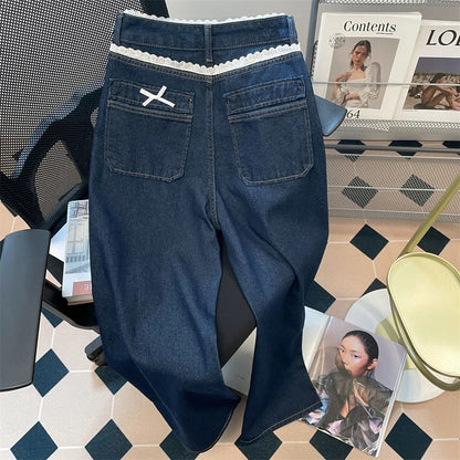 Dark blue Korean style sweet lace trim bow jeans, unisex retro straight wide-leg floor-length trousers