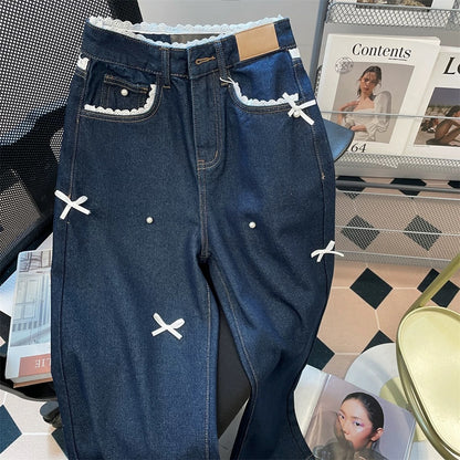 Dark blue Korean style sweet lace trim bow jeans, unisex retro straight wide-leg floor-length trousers