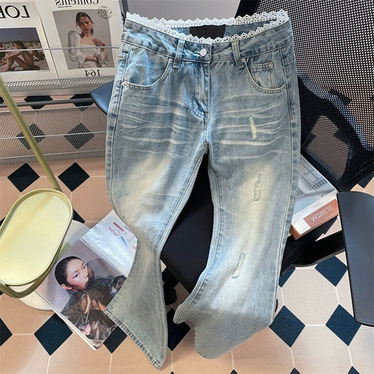 Unique design, lace trim, high-waisted flared jeans, new summer style for men and women, slimming and versatile floor-length trousers.