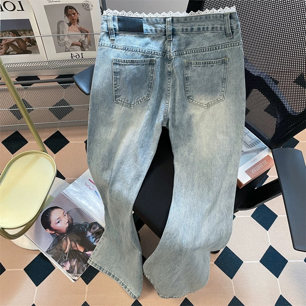 Unique design, lace trim, high-waisted flared jeans, new summer style for men and women, slimming and versatile floor-length trousers.