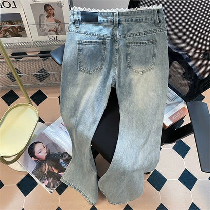 Unique design, lace trim, high-waisted flared jeans, new summer style for men and women, slimming and versatile floor-length trousers.