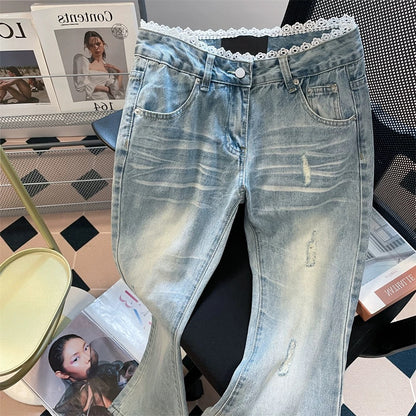 Unique design, lace trim, high-waisted flared jeans, new summer style for men and women, slimming and versatile floor-length trousers.