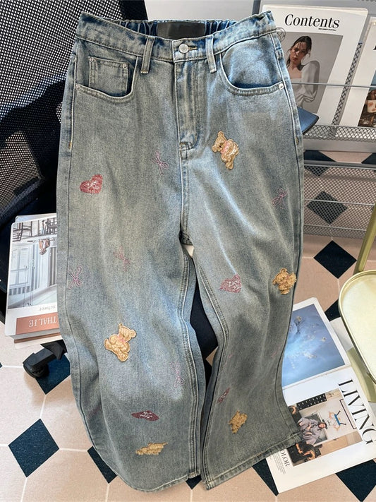 Korean style super cute teddy bear embroidered straight leg trousers for women, autumn design, unique, relaxed, loose wide-leg jeans