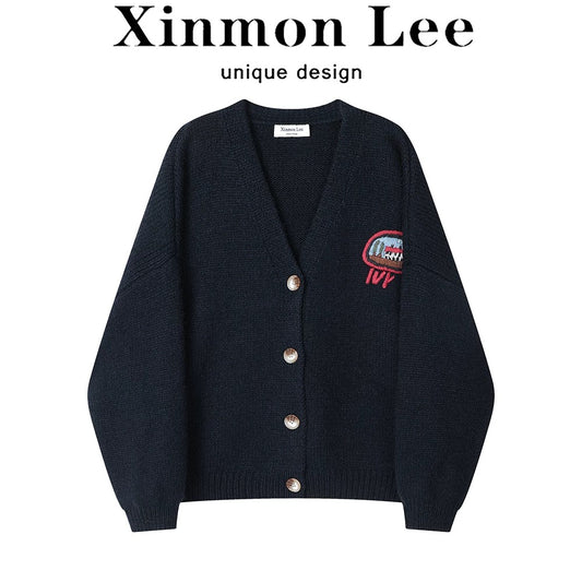 XinmonLee American retro V-neck soft glutinous knitted sweater cardigan winter new versatile casual age-reducing jacket