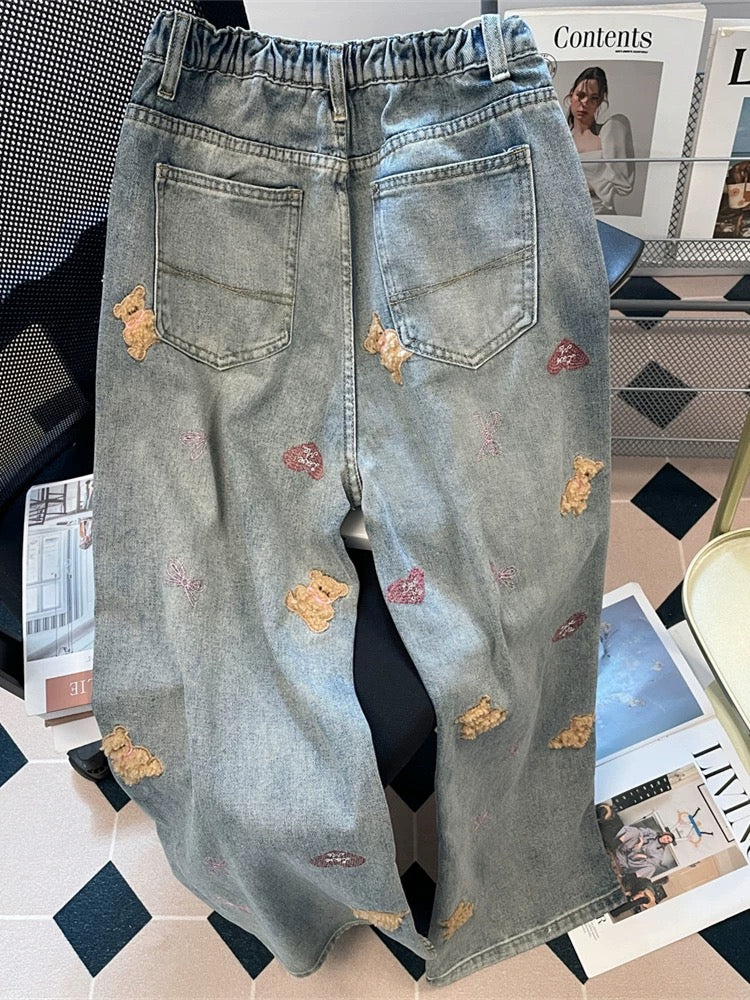 Korean style super cute teddy bear embroidered straight leg trousers for women, autumn design, unique, relaxed, loose wide-leg jeans