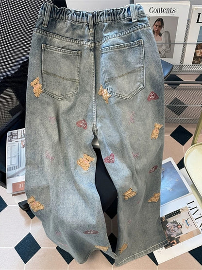 Korean style super cute teddy bear embroidered straight leg trousers for women, autumn design, unique, relaxed, loose wide-leg jeans