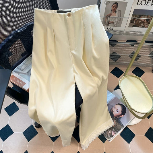 Summer-inspired wide-leg trousers with lace trim, new European style, straight-leg and draped suit pants for men and women.